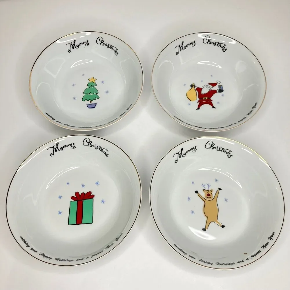 Merry Brite China MERRY CHRISTMAS Lot of 4 Soup Cereal Bowls Happy Holidays